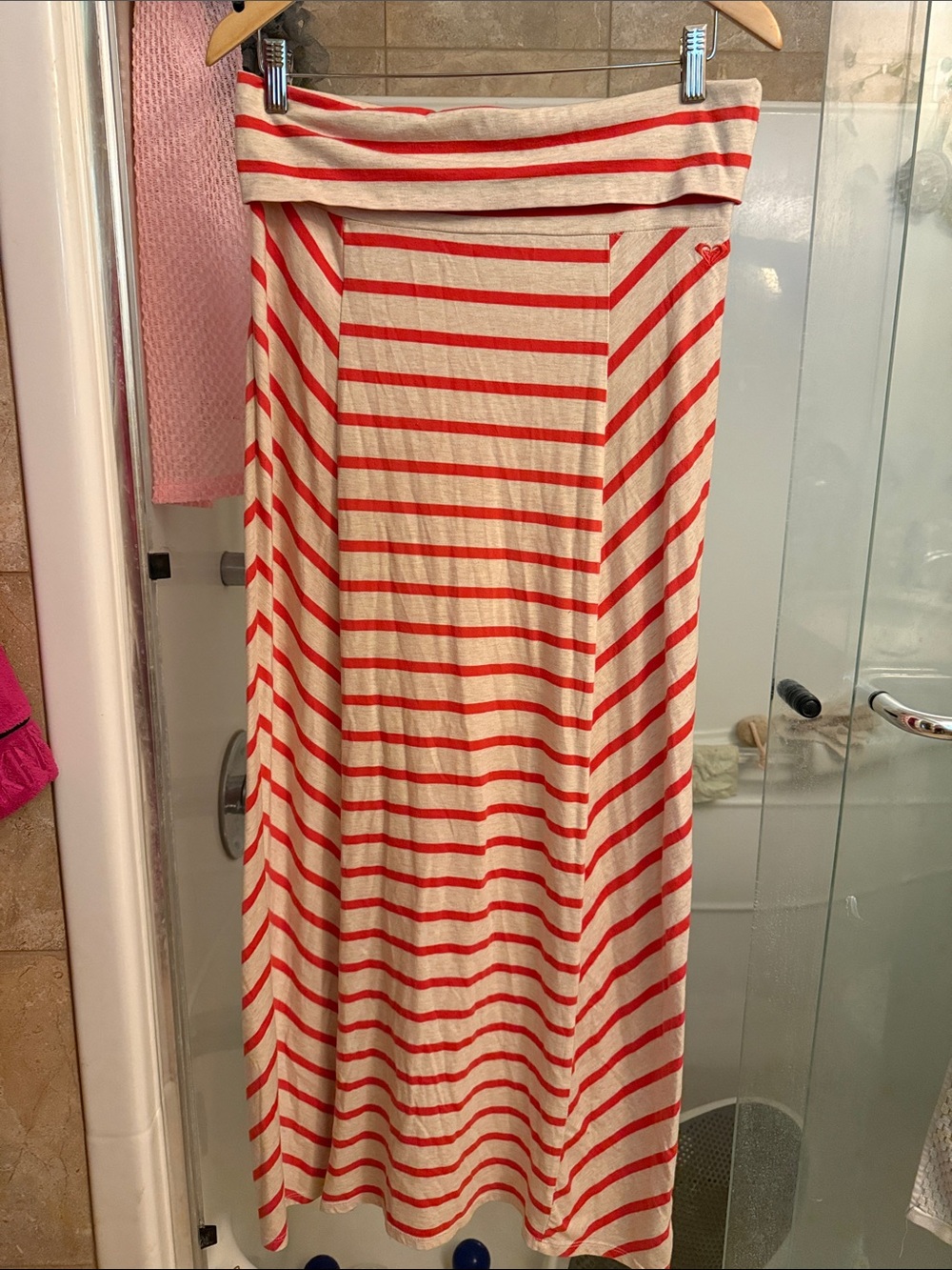 Roxy Cream Maxi Skirt with Coral Stripes
